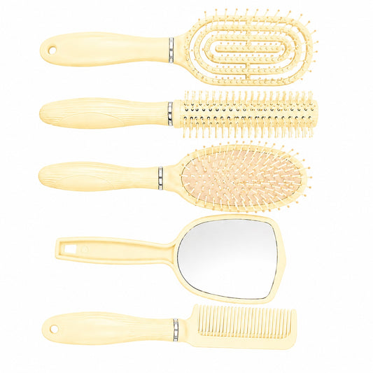 Set de 4 Perii de Păr și Oglindă cu Suport, Crem – Kit Complet pentru Coafare și Îngrijire