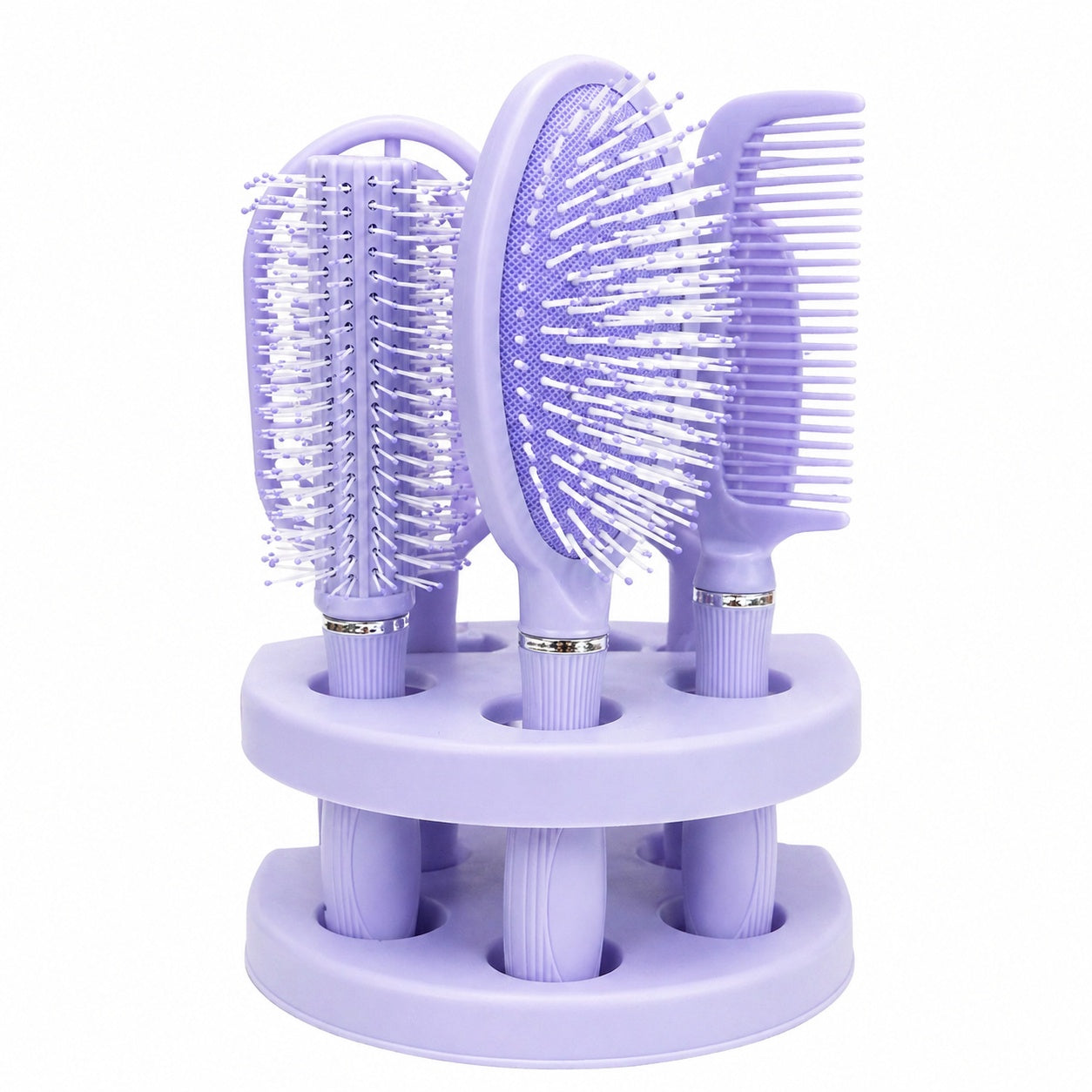 Set de 4 Perii de Păr și Oglindă cu Suport, Mov – Kit Complet pentru Coafare și Îngrijire