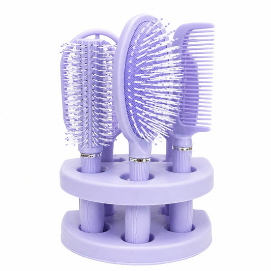 Set de 4 Perii de Păr și Oglindă cu Suport, Mov – Kit Complet pentru Coafare și Îngrijire
