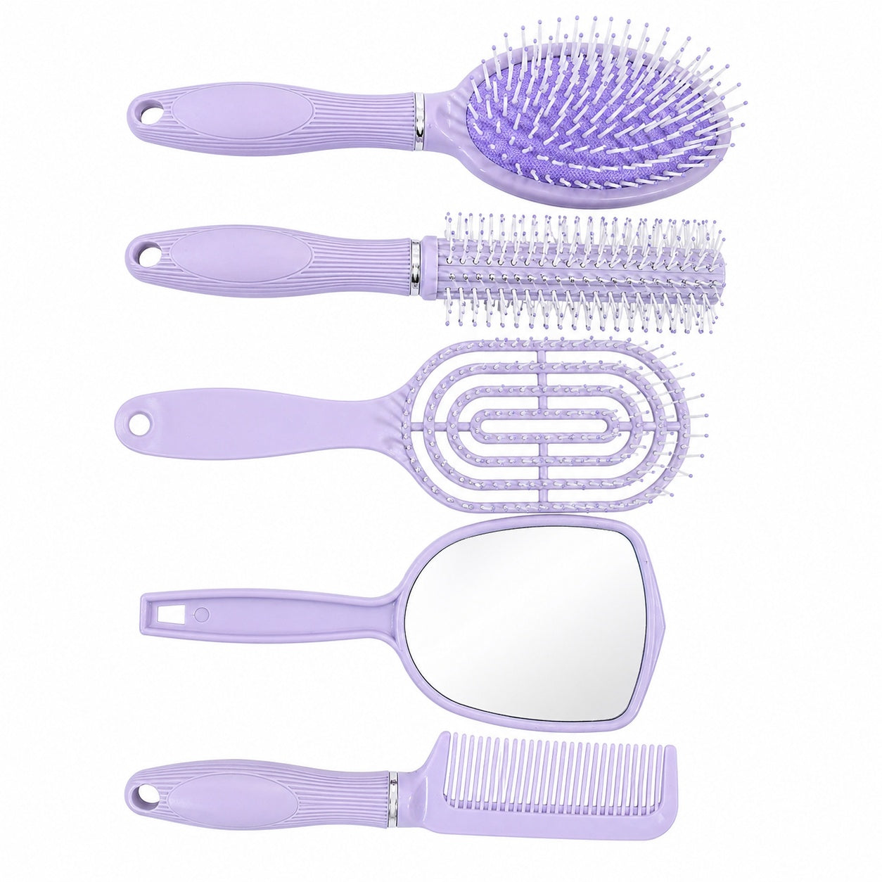 Set de 4 Perii de Păr și Oglindă cu Suport, Mov – Kit Complet pentru Coafare și Îngrijire