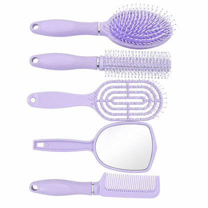 Set de 4 Perii de Păr și Oglindă cu Suport, Mov – Kit Complet pentru Coafare și Îngrijire