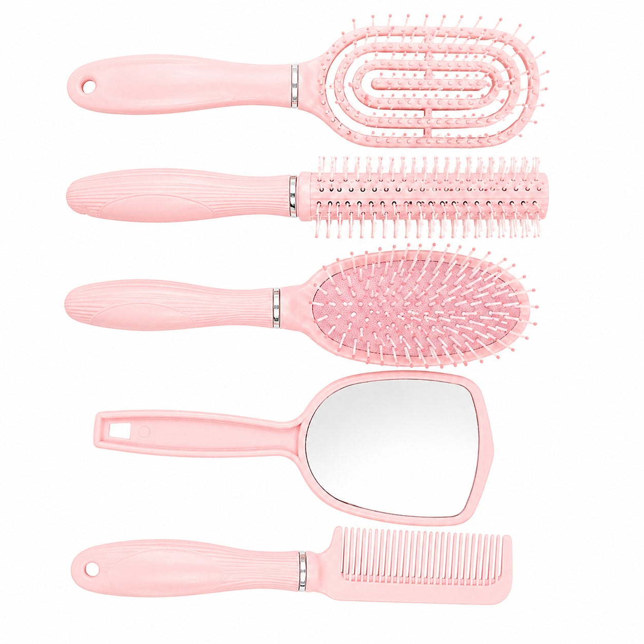 Set de 4 Perii de Păr și Oglindă cu Suport, Roz – Kit Complet pentru Îngrijire și Styling