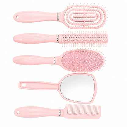 Set de 4 Perii de Păr și Oglindă cu Suport, Roz – Kit Complet pentru Îngrijire și Styling