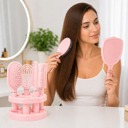 Set de 4 Perii de Păr și Oglindă cu Suport, Roz – Kit Complet pentru Îngrijire și Styling