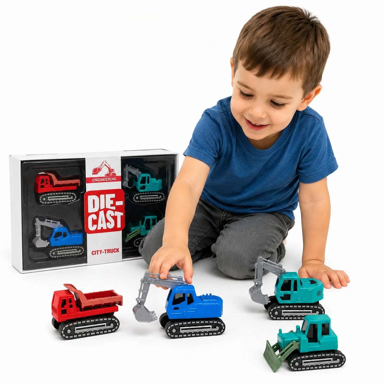 Set de 4 vehicule constructii, metal die-cast, 5-7 cm, diverse culori