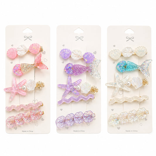 Set de 5 Clame de Păr colorate – Scoici, Stea de Mare și pesti, Culori Diverse