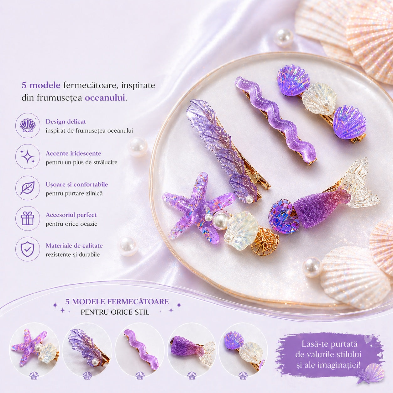 Set de 5 Clame de Păr colorate – Scoici, Stea de Mare și pesti, Culori Diverse