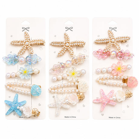 Set de 5 Clame de Păr colorate, modele cu Perle, Scoici și Stea de Mare, Culori Diverse
