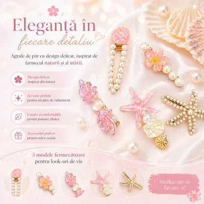 Set de 5 Clame de Păr colorate, modele cu Perle, Scoici și Stea de Mare, Culori Diverse