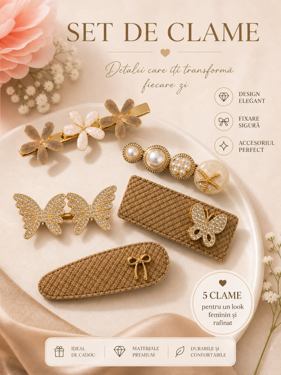 Set de 5 Clame de Păr , model fluturi si perle, Accesorii Elegante