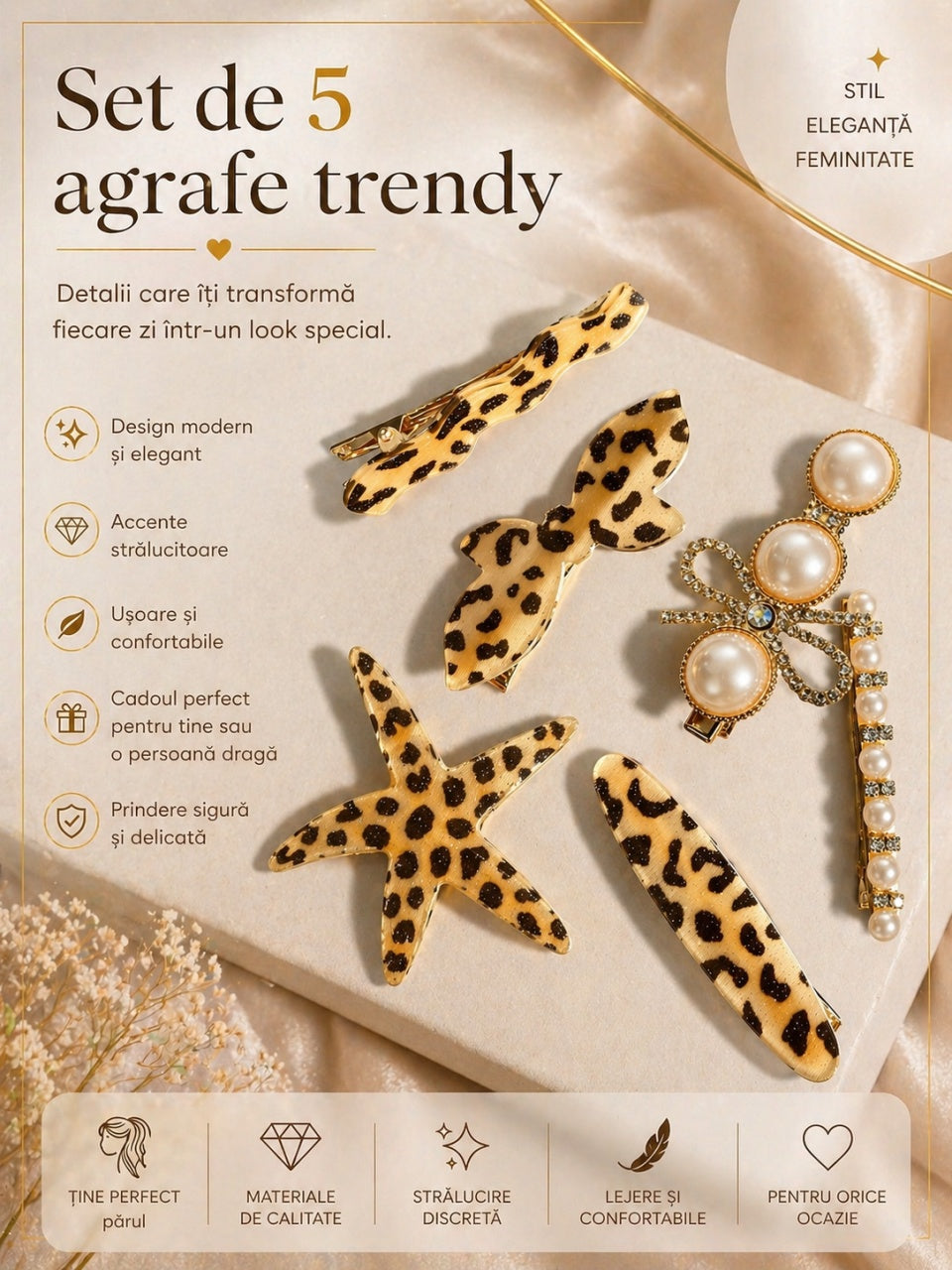 Set de 5 clame de par , Model Leopard și Perle, Accesorii Elegante