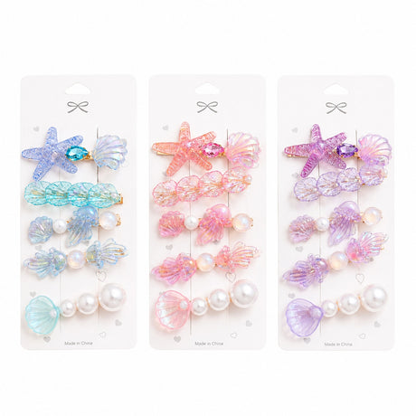 Set de 5 Clame de Păr Ocean – Scoici, Stea de Mare și Perle, Culori Diverse