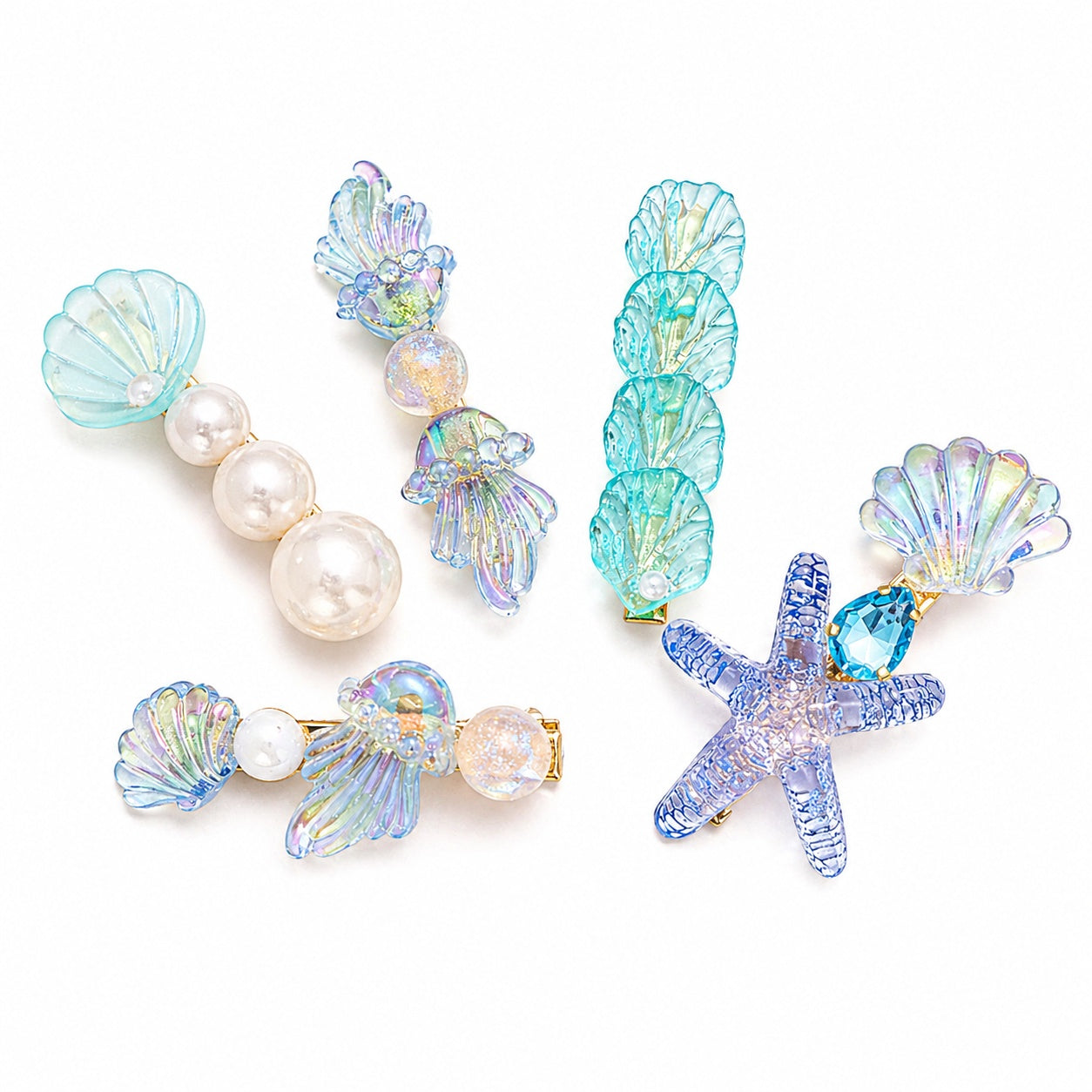 Set de 5 Clame de Păr Ocean – Scoici, Stea de Mare și Perle, Culori Diverse