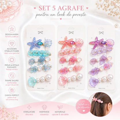Set de 5 Clame de Păr Ocean – Scoici, Stea de Mare și Perle, Culori Diverse