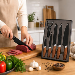 Set de 5 cutite de bucatarie si curatator legume, invelis marmura, maner ergonomic