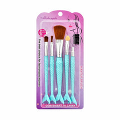 Set de 5 Pensule de Machiaj , model sirena albastru , Pensule pentru Față, Ochi și Sprâncene