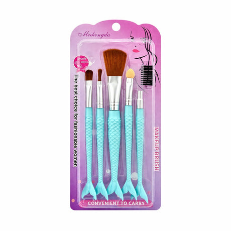 Set de 5 Pensule de Machiaj , model sirena albastru , Pensule pentru Față, Ochi și Sprâncene