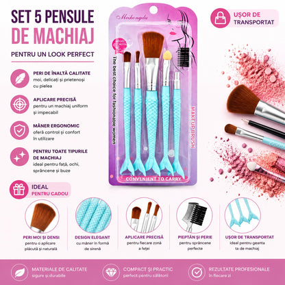 Set de 5 Pensule de Machiaj , model sirena albastru , Pensule pentru Față, Ochi și Sprâncene