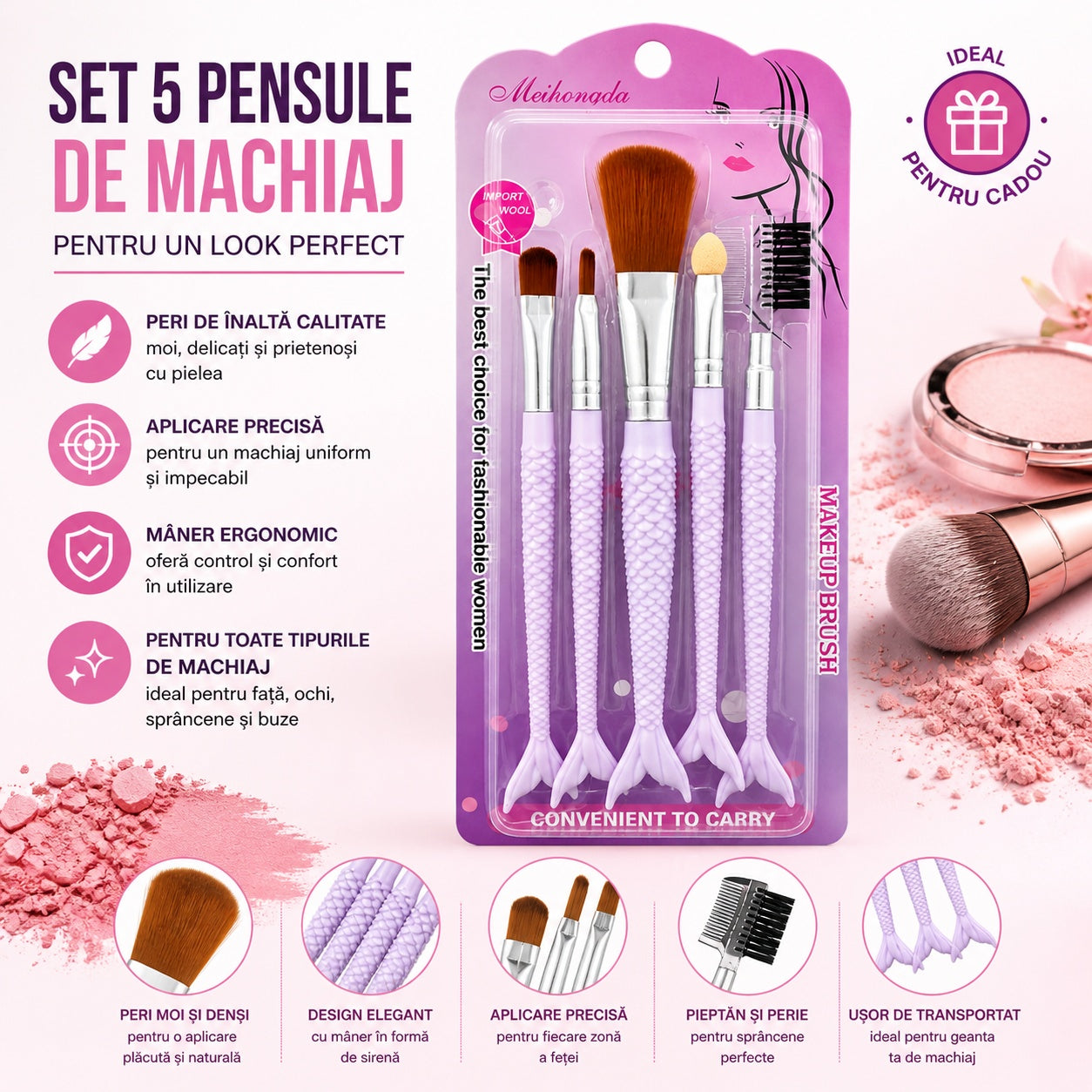 Set de 5 Pensule de Machiaj Mov – Pensule Profesionale în Formă de Sirenă