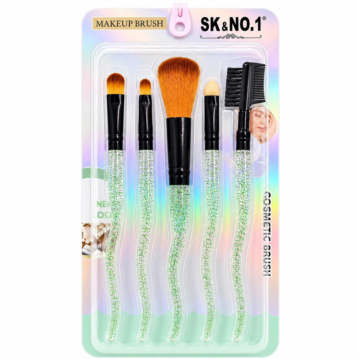 Set de 5 Pensule Profesionale pentru Machiaj – Mânere cu Sclipici Verde și Fibre Ultra-Moi