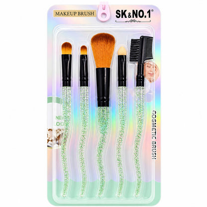 Set de 5 Pensule Profesionale pentru Machiaj – Mânere cu Sclipici Verde și Fibre Ultra-Moi