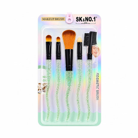 Set de 5 Pensule Profesionale pentru Machiaj – Mânere cu Sclipici Verde și Fibre Ultra-Moi