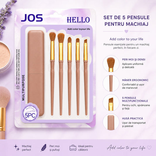 Set de 5 Pensule Profesionale pentru Machiaj Bej– cu Husă pentru Transport