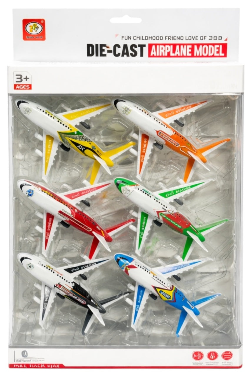 Set de 6 Avioane de Jucărie cu Inerție, Metal și Plastic, Diverse Culori