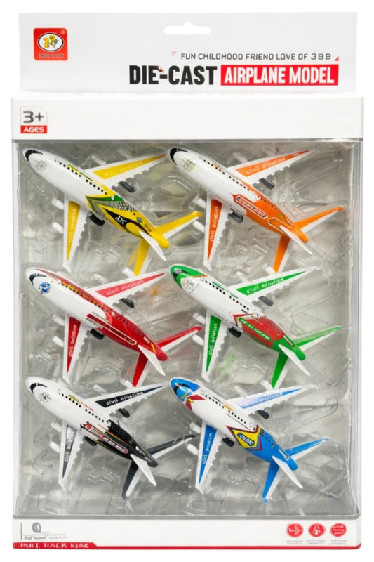 Set de 6 Avioane de Jucărie cu Inerție, Metal și Plastic, Diverse Culori