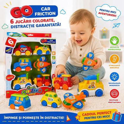 Set de 6 Jucării pentru Bebeluși cu Fricțiune – Mașinuțe și Avion, Fără Baterii, Jucării Educative pentru Copii