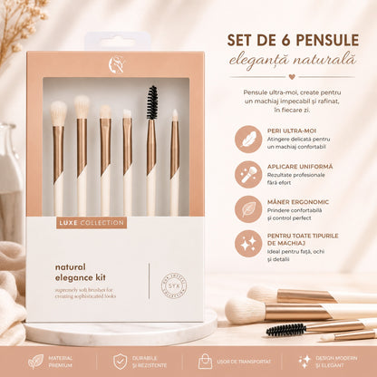 Set de 6 Pensule Profesionale Machiaj Luxe Collection Bej – Peri Ultra-Moi și Design Elegant