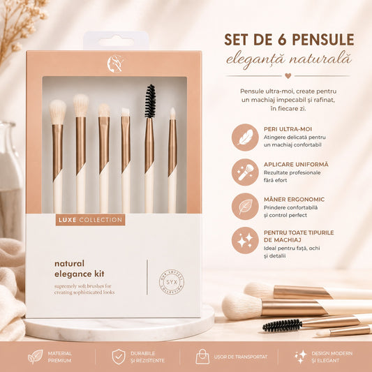 Set de 6 Pensule Profesionale Machiaj Luxe Collection Bej – Peri Ultra-Moi și Design Elegant