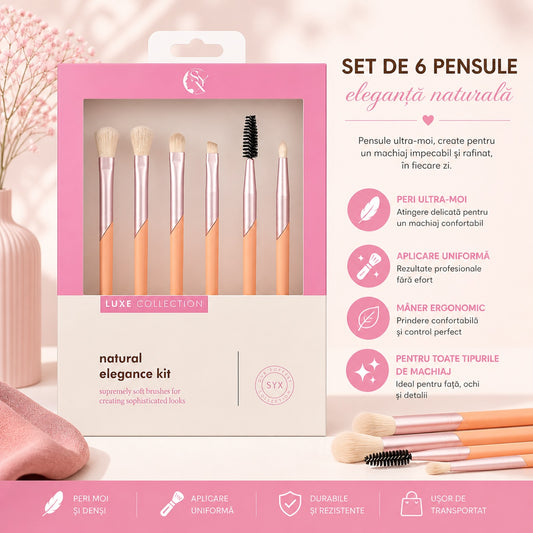 Set de 6 Pensule Profesionale Machiaj Luxe Collection Roz – Peri Ultra-Moi și Design Elegant