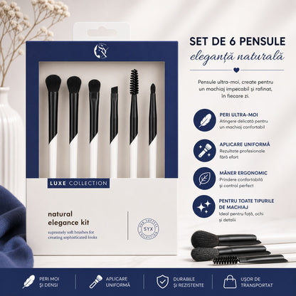 Set de 6 Pensule Profesionale pentru Machiaj Luxe Collection – Peri Ultra-Moi, Design Elegant Albastru Închis