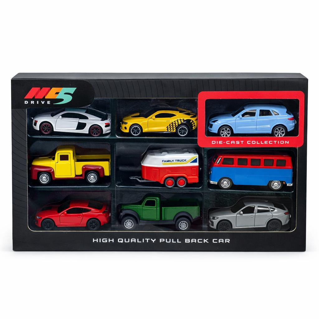 Set de 9 masinute metalice die-cast, modele diverse, functie pull back, 10cm