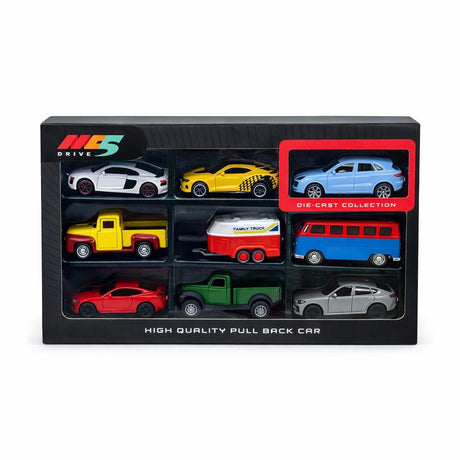 Set de 9 masinute metalice die-cast, modele diverse, functie pull back, 10cm