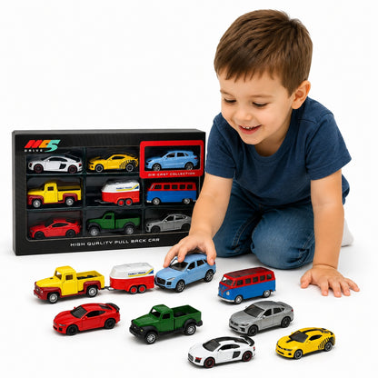 Set de 9 masinute metalice die-cast, modele diverse, functie pull back, 10cm