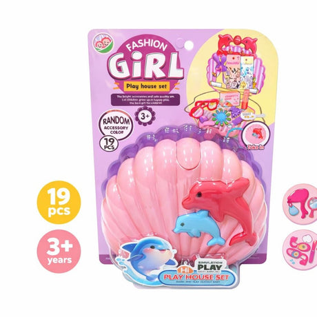 Set de doctor jucarie pentru copii, forma scoica roz cu delfini, 19 piese