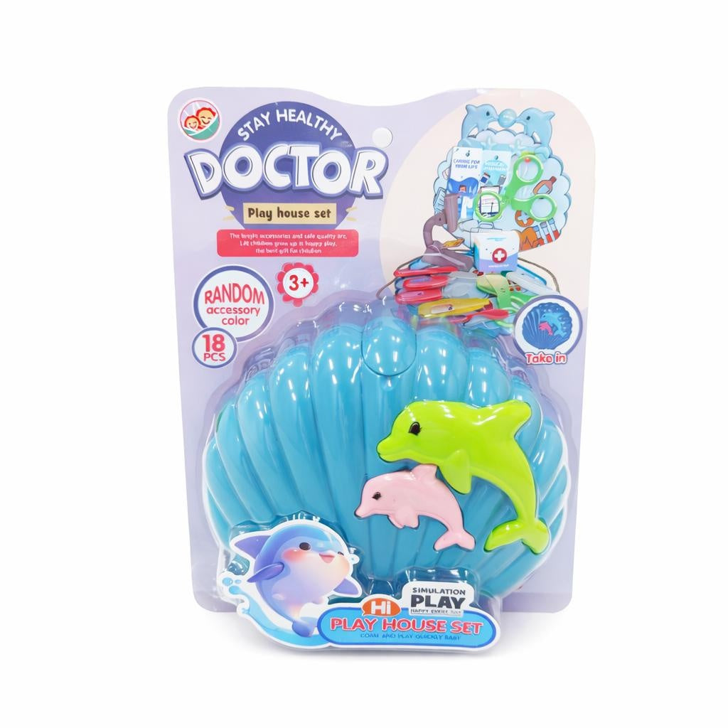 Set de joacă doctor albastru cu temă delfin din plastic, trusă doctor cu accesorii interactive