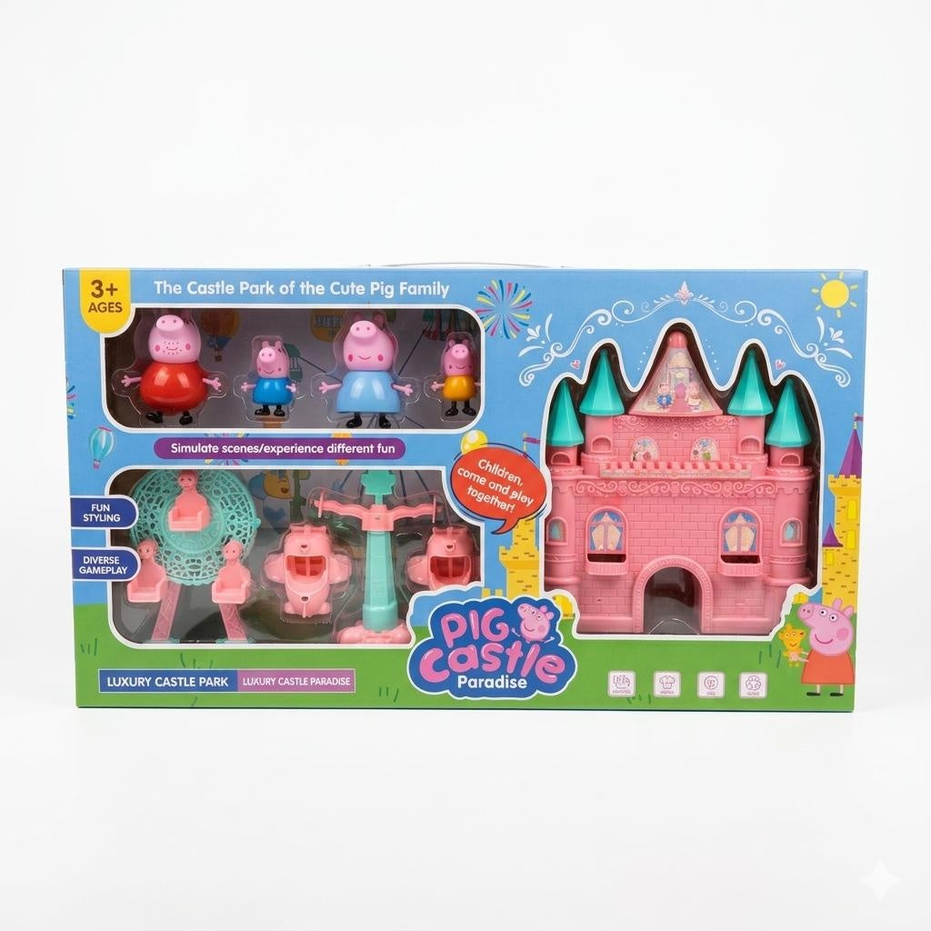 Set de joaca parc de distractii pentru copii, castel roz din plastic cu figurine si accesorii