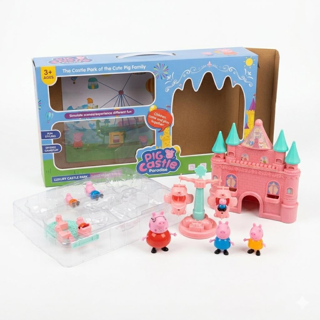 Set de joaca parc de distractii pentru copii, castel roz din plastic cu figurine si accesorii