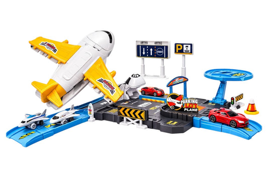 Set de joacă pentru copii cu avion, pistă de parcare și 28 de accesorii incluse, din plastic durabil, 32x20,5x5,5 cm