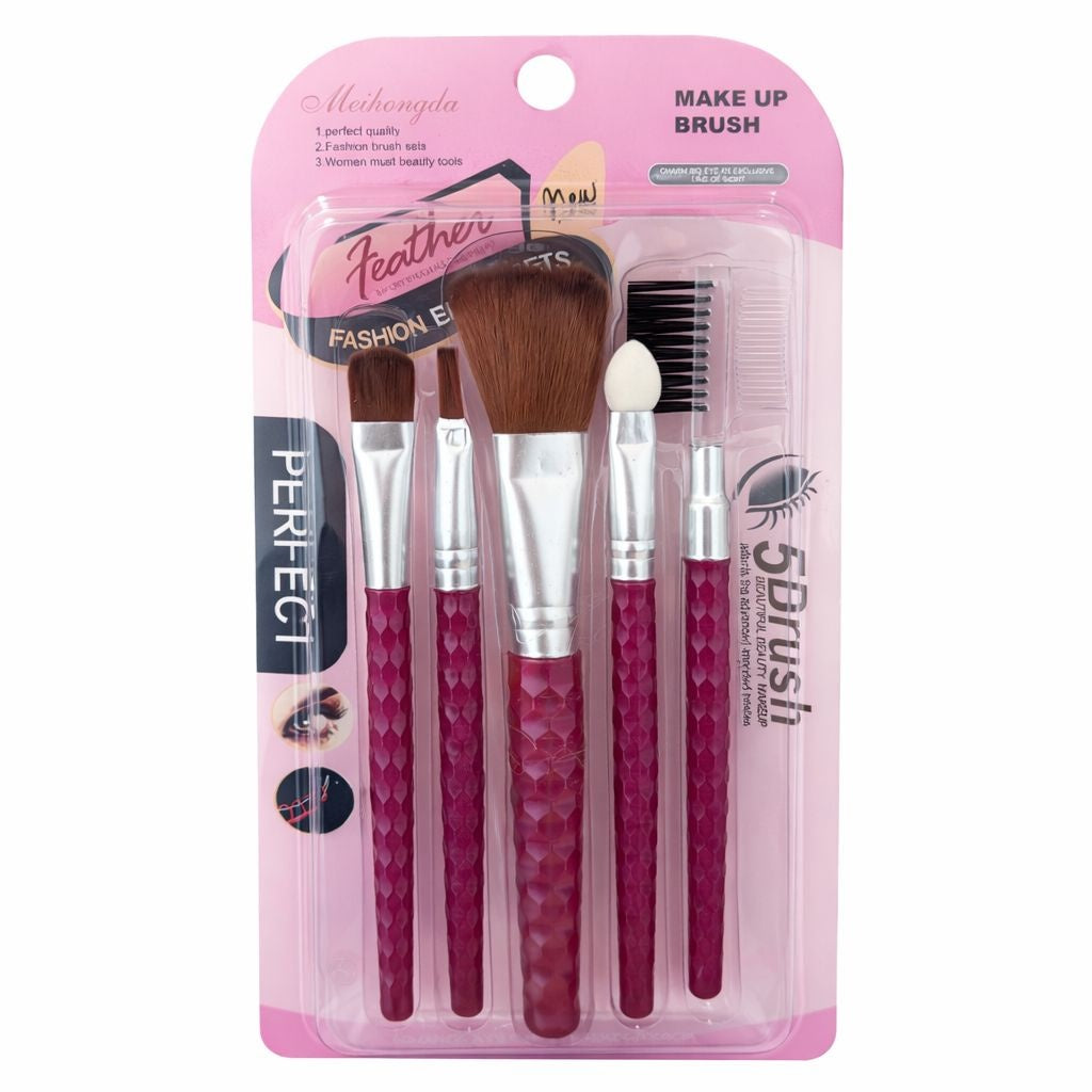 Set de pensule de machiaj cu mâner roz, 5 piese, peri sintetici