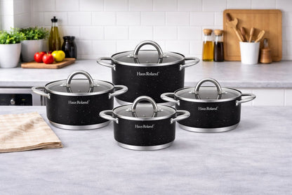 Set de vase de gătit Royalty Line, 4 piese, metal, antiaderent, culoare negru
