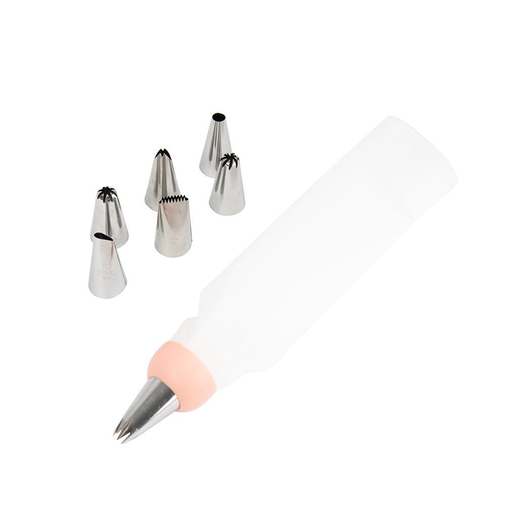 Set decorare prajituri cu pos si duze, 7 piese, otel inoxidabil si silicon alimentar