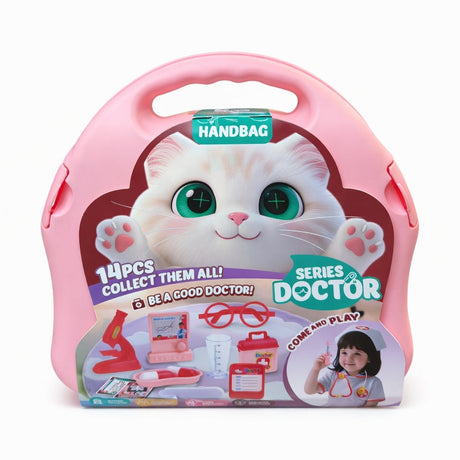 Set educativ trusă medicală pentru copii, 14 piese, plastic, roz, 28x27x8 cm