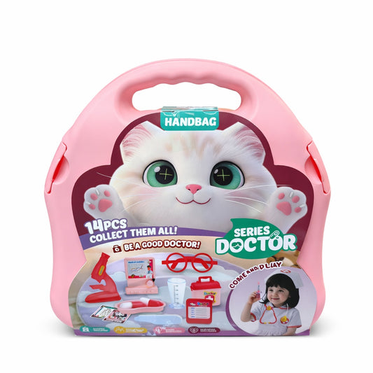 Set educativ trusă medicală pentru copii, 14 piese, plastic, roz, 28x27x8 cm