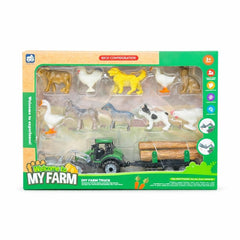Set ferma pentru copii cu tractor, remorca si 10 animale domestice