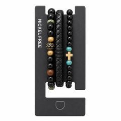 Set format din 3 bratari reglabile barbati cu cruce aurie si margele negre Roxe