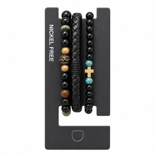 Set format din 3 bratari reglabile barbati cu cruce aurie si margele negre Roxe